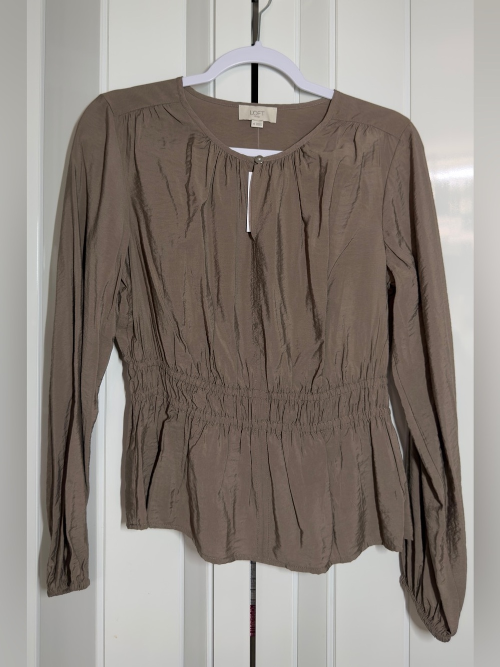 LOFT Taupe Satin Blouse - Smocked Waist